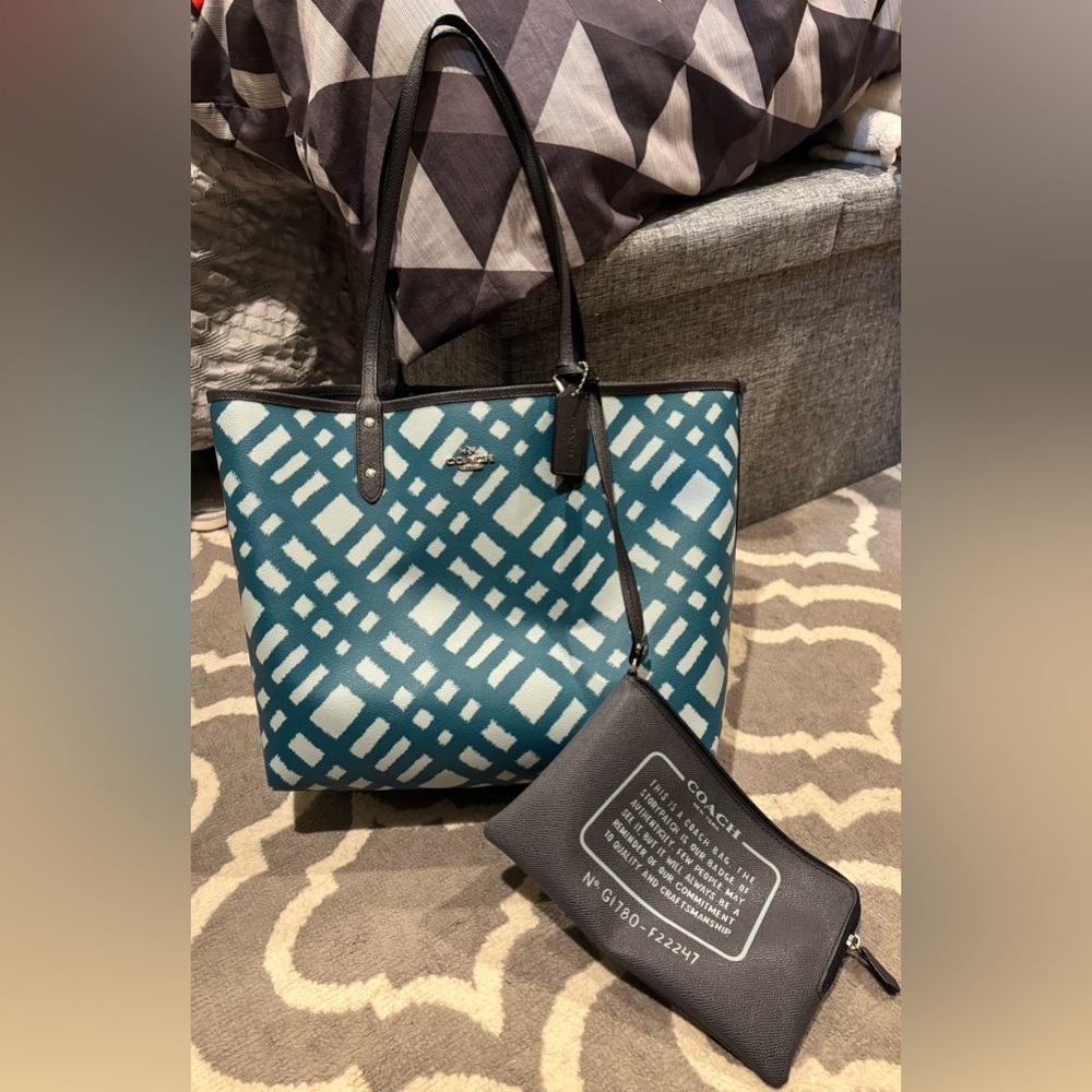 Coach Blue Striped Tote Bag with Navy/Black Glittery Reversible Interior & Pouch